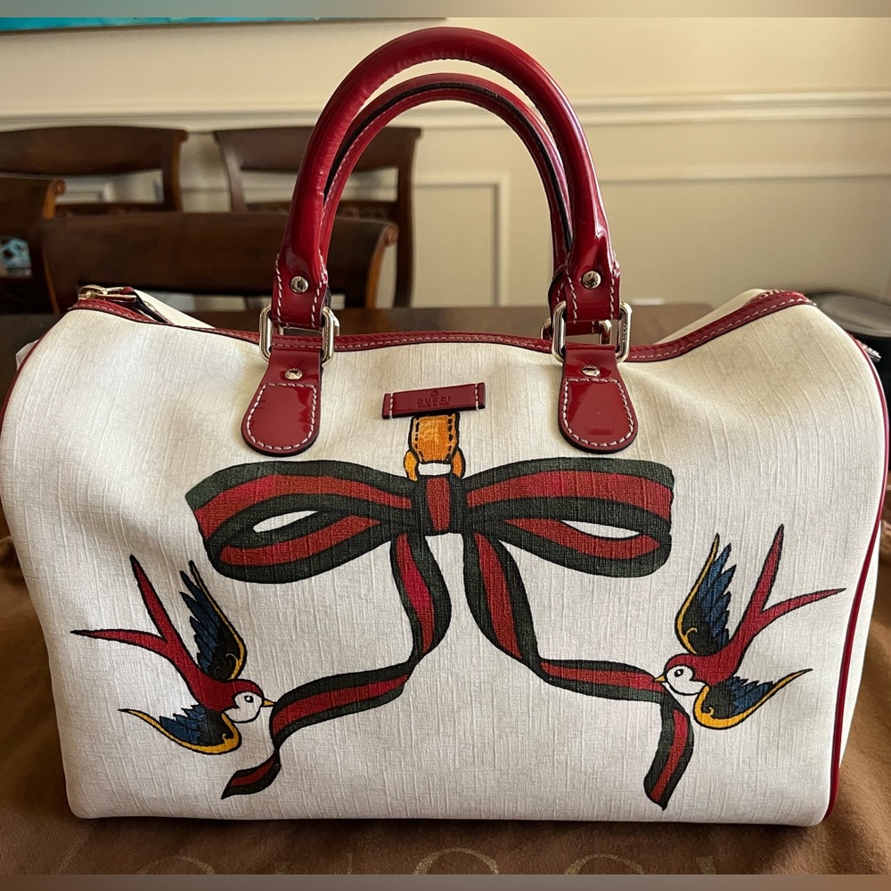 Gucci Special Edition UNICEF Monogram Rihanna Tattoo Heart Boston Satchel Bag